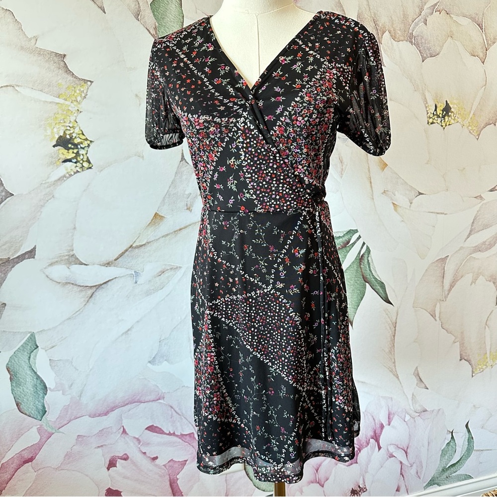 Deep Charcoal Mini A-line Dress with V-neck and Short Sleeves for Cocktail